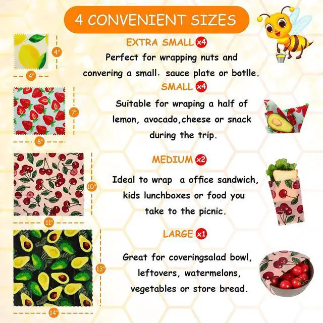 Alt view image 3 of 7 - Reusable Beeswax Wrap, 11 Pack Eco-Friendly Beeswax Wraps For Food, Organic, Sustainable, Biodegradable, Zero Waste, Plastic-Free Food Storage, 1L Avocado, 2M Cherry, 4S Strawberry, 4XS Lemon Patterns
