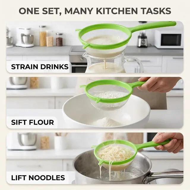 Alt view image 7 of 7 - Flour Sifter with Long Handle, 3 Pcs/Set Green Plastic Hangable Flour Colander Powder Filter Strainer Fine Mesh Colander Coffee Filter Tea Strainer, Strainers and Colanders Food Strainers