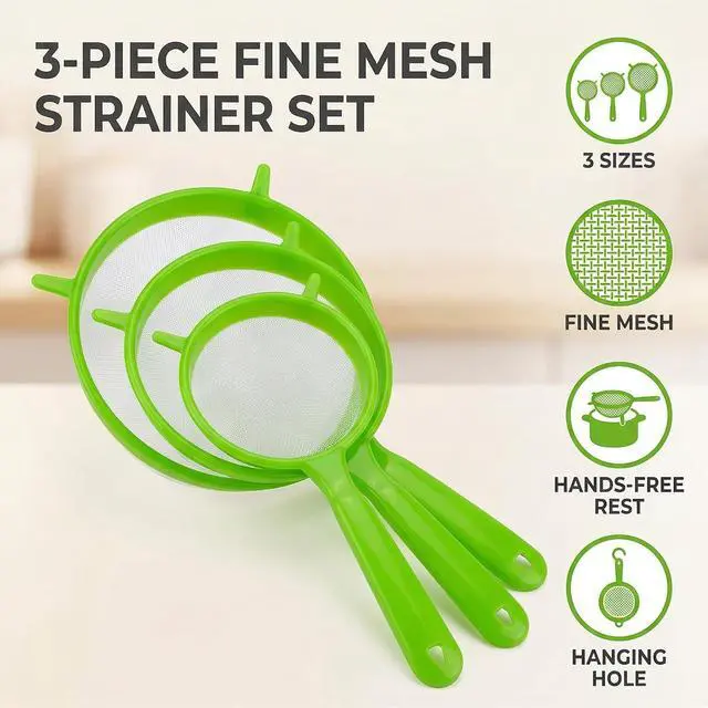 Alt view image 2 of 7 - Flour Sifter with Long Handle, 3 Pcs/Set Green Plastic Hangable Flour Colander Powder Filter Strainer Fine Mesh Colander Coffee Filter Tea Strainer, Strainers and Colanders Food Strainers