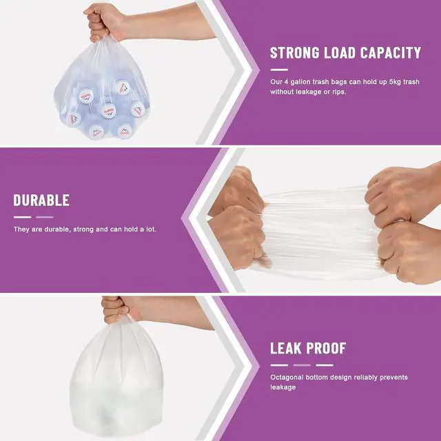 Alt view image 3 of 7 - 100 Count 4 Gallon Unscented Trash Bags, Strong and Transparent, Ideal for Bathroom, Office, Kitchen, Bedroom, Camping, Study Room