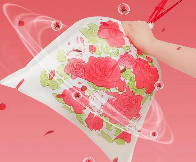 Alt view image 4 of 5 - Rose Aroma Thickened Trash Bags, 80 Counts 4 Gallon 45x50Cm Kitchen Small No Tearing Required Bags with Drawstring for Bathroom, Office, Home Garbage Bags (Rose)