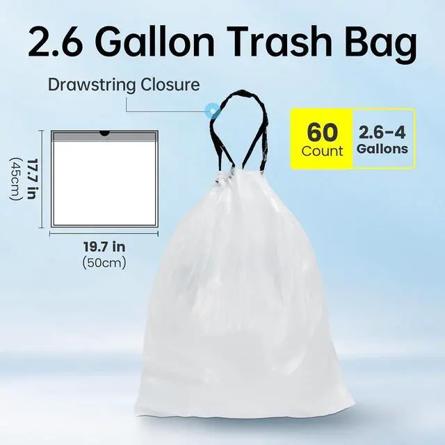 Alt view image 2 of 7 - ELPHECO Small Drawstring Trash Bags, 2.6 Gallon, 60 Count, Clear