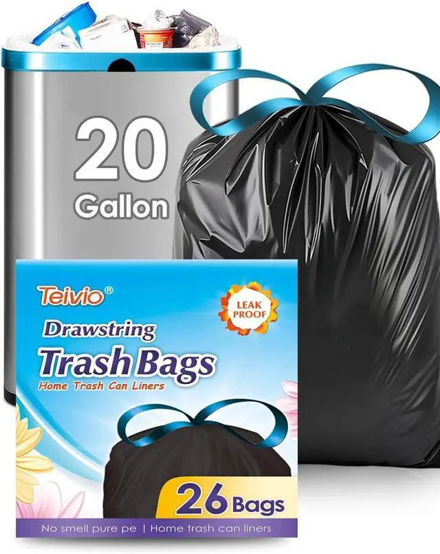 Main image of Teivio 20 Gallon 26 Counts Large Drawstring Trash Bags Strong Tall Kitchen Garbage Bags for Home/Office/Light Residential Waste/Outdoor Trash Can, LawnTrash Bin liners Black