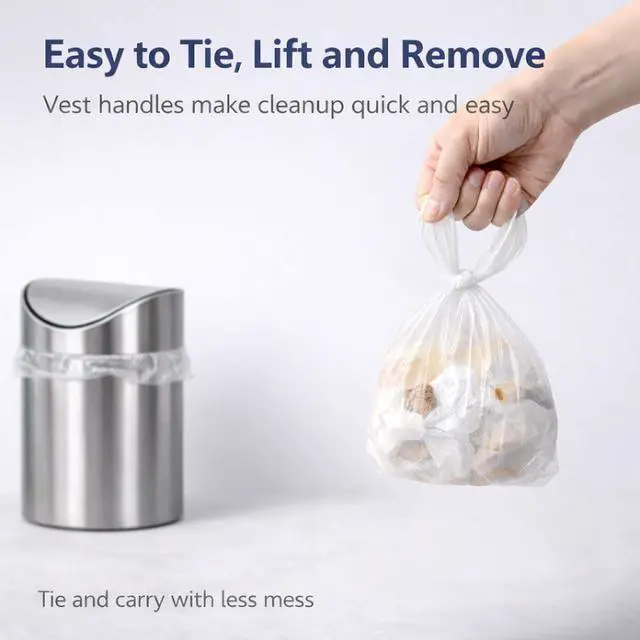 Alt view image 3 of 7 - Mini Trash Bags 1.6 Liter/0.4 Gal- 200 Count Tiny Clear Trash Can Liners for Countertop, Desktop, Makeup & Kitchen Scrap Bags | Leakproof Small Plastic Bags with Handles