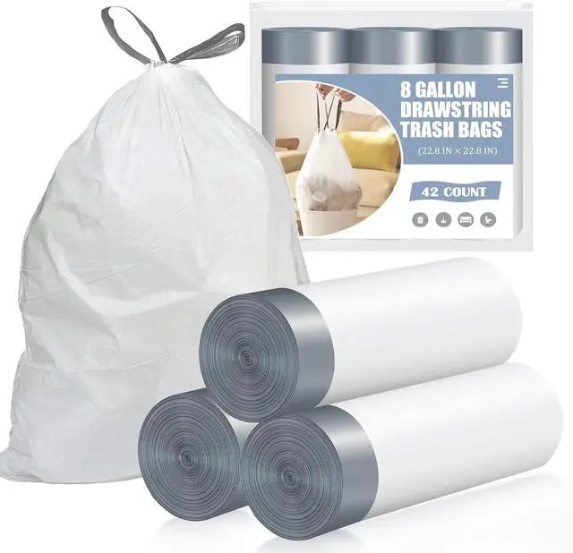 Main image of Drawstring 8 Gallon Trash Bags - 42 Count Pre-separated Medium Trash Bags 8 Gallon, White Unscented 8 Gal Garbage Bags
