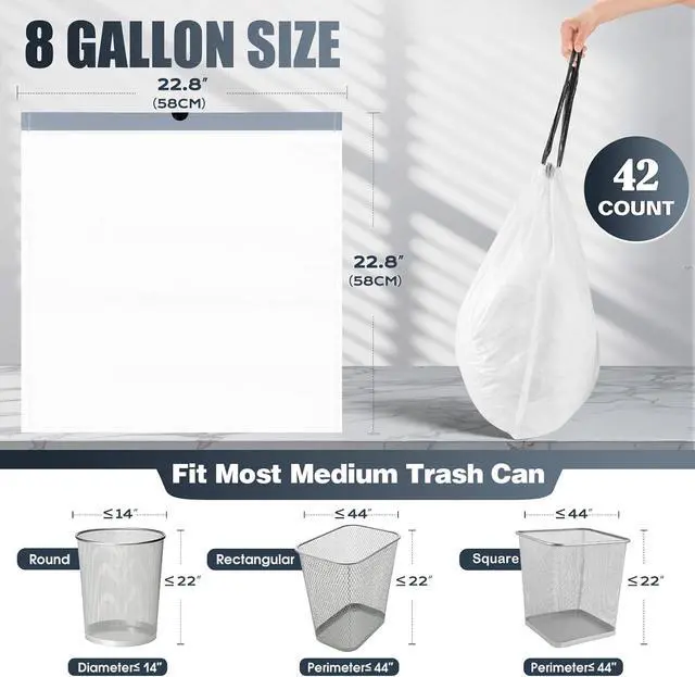 Alt view image 2 of 5 - Drawstring 8 Gallon Trash Bags - 42 Count Pre-separated Medium Trash Bags 8 Gallon, White Unscented 8 Gal Garbage Bags