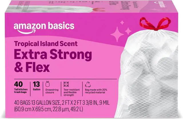 Main image of Amazon Basics Extra Strong & Flex Tall Kitchen Drawstring Trash Bags, Tropical Island Scent, 13 Gallon, Tear Resistant with Odor Control, 40 Count