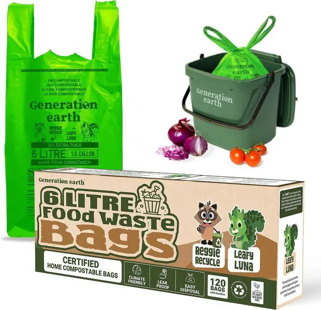 Main image of 120 Bags 1.6 Gallon (6L) | Tie Handle Compostable Food Waste Bags | BPI Certified Kitchen Countertop Compost Bin Liners | Extra Strong Biodegradable Caddy Bags | Generation earth