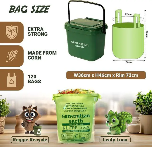 Alt view image 4 of 7 - 120 Bags 1.6 Gallon (6L) | Tie Handle Compostable Food Waste Bags | BPI Certified Kitchen Countertop Compost Bin Liners | Extra Strong Biodegradable Caddy Bags | Generation earth