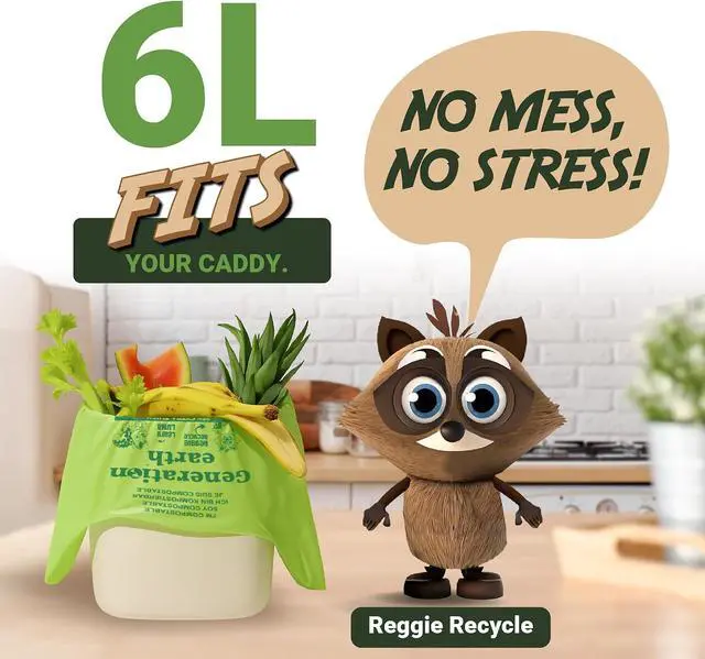 Alt view image 5 of 7 - 120 Bags 1.6 Gallon (6L) | Tie Handle Compostable Food Waste Bags | BPI Certified Kitchen Countertop Compost Bin Liners | Extra Strong Biodegradable Caddy Bags | Generation earth