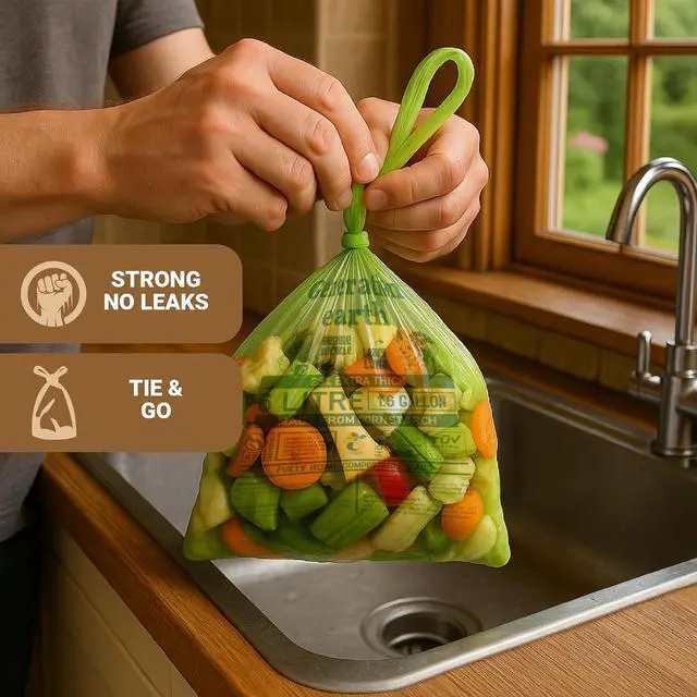 Alt view image 6 of 7 - 120 Bags 1.6 Gallon (6L) | Tie Handle Compostable Food Waste Bags | BPI Certified Kitchen Countertop Compost Bin Liners | Extra Strong Biodegradable Caddy Bags | Generation earth