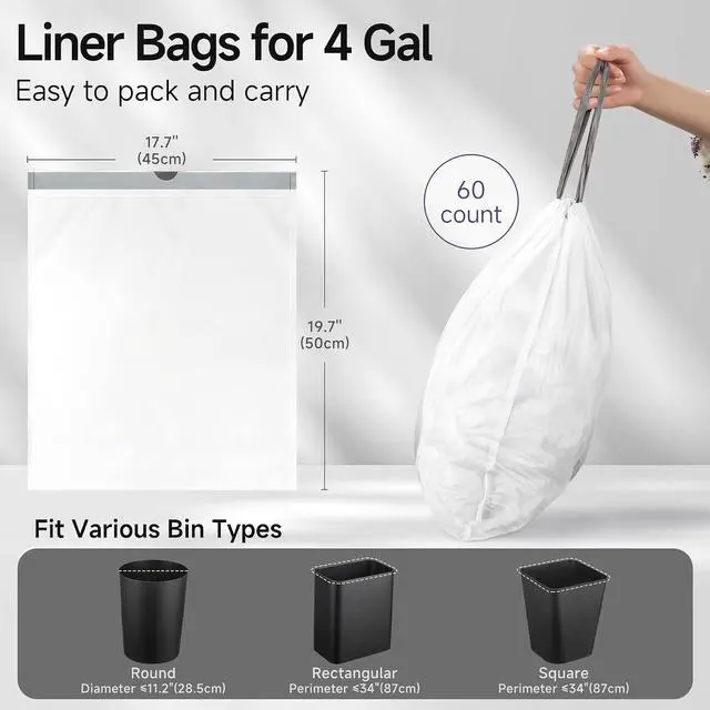 Alt view image 3 of 6 - Drawstring 4 Gallon Trash Bags, Pre-Cut Strong Wastebasket Bin Liners, White Garbage Bags for Home, Office, Bathroom (Code D, 60 Count)