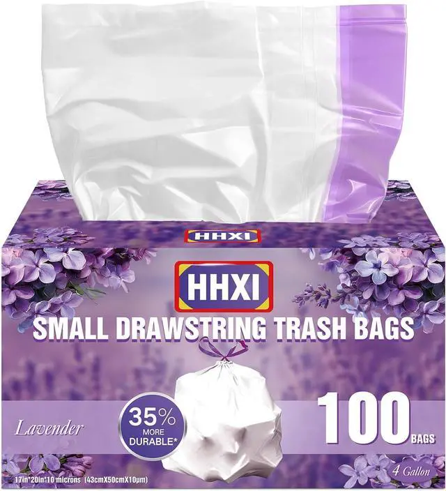 Main image of 100Ct 4 Gallon Small Trash Bags, Lavender Garbage Bags, Scented Trash Bags, Odor Resistant with Drawstring