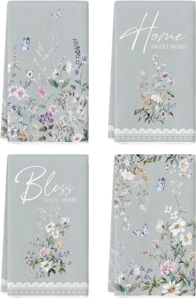 Main image of Artoid Mode Butterfly Floral Bless Home Spring Kitchen Towels Dish Towels, 18x26 Inch Farmhouse Summer Decoration Cleaning Set of 4
