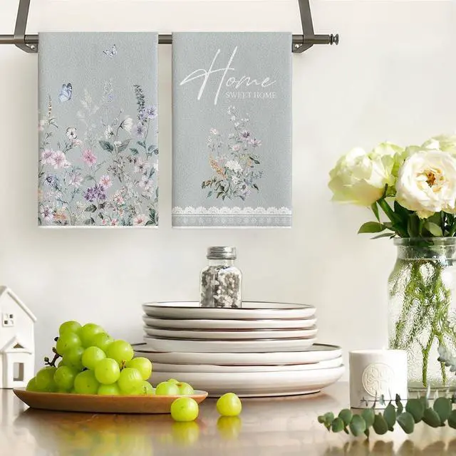 Alt view image 2 of 6 - Artoid Mode Butterfly Floral Bless Home Spring Kitchen Towels Dish Towels, 18x26 Inch Farmhouse Summer Decoration Cleaning Set of 4