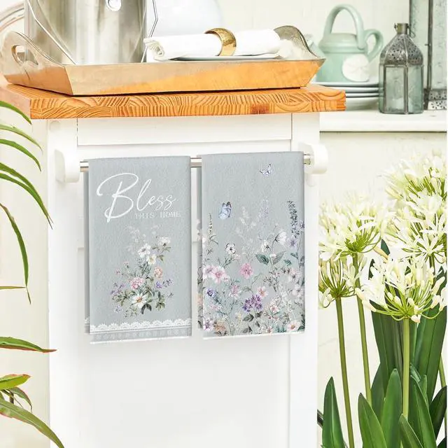 Alt view image 4 of 6 - Artoid Mode Butterfly Floral Bless Home Spring Kitchen Towels Dish Towels, 18x26 Inch Farmhouse Summer Decoration Cleaning Set of 4