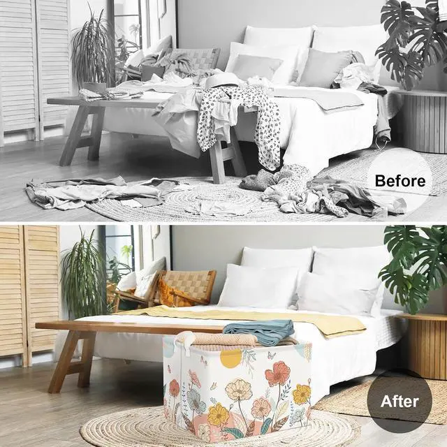 Alt view image 2 of 7 - Clastyle 36L Boho Flower Leaf Girls Storage Basket Spring Garden Butterfly Clothes Toy Nursery Bin Collapsible Rectangle Book Shelf Basket for Kids Room
