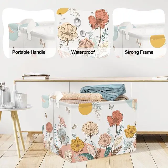 Alt view image 4 of 7 - Clastyle 36L Boho Flower Leaf Girls Storage Basket Spring Garden Butterfly Clothes Toy Nursery Bin Collapsible Rectangle Book Shelf Basket for Kids Room
