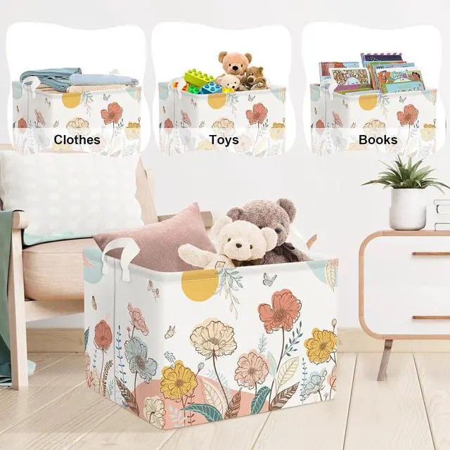 Alt view image 5 of 7 - Clastyle 36L Boho Flower Leaf Girls Storage Basket Spring Garden Butterfly Clothes Toy Nursery Bin Collapsible Rectangle Book Shelf Basket for Kids Room