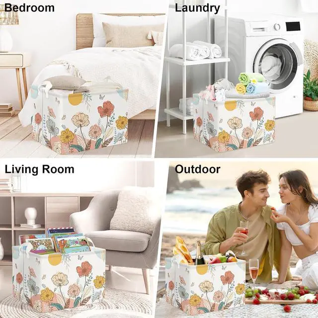 Alt view image 7 of 7 - Clastyle 36L Boho Flower Leaf Girls Storage Basket Spring Garden Butterfly Clothes Toy Nursery Bin Collapsible Rectangle Book Shelf Basket for Kids Room