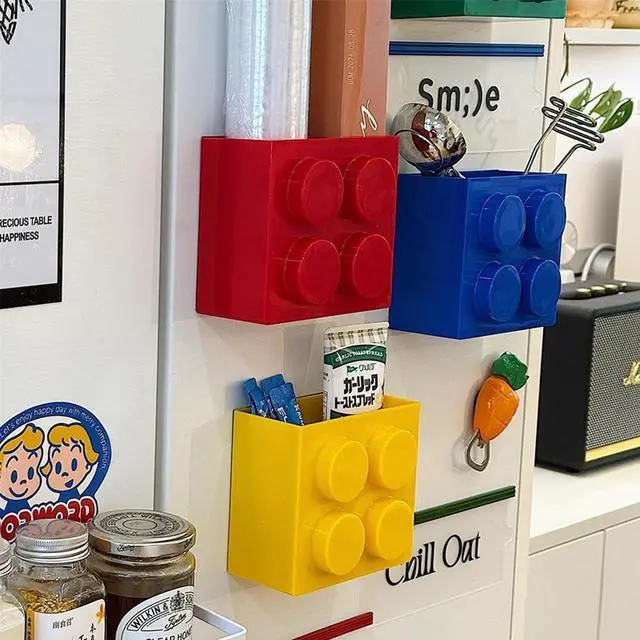 Alt view image 2 of 7 - Magnetic Basket Organizer for Fridge - Lego-Style ABS Plastic Storage Box, No Drill Design for Kitchen Counter, Microwave & Whiteboard, Holds Up to 3.5 lbs (Red)