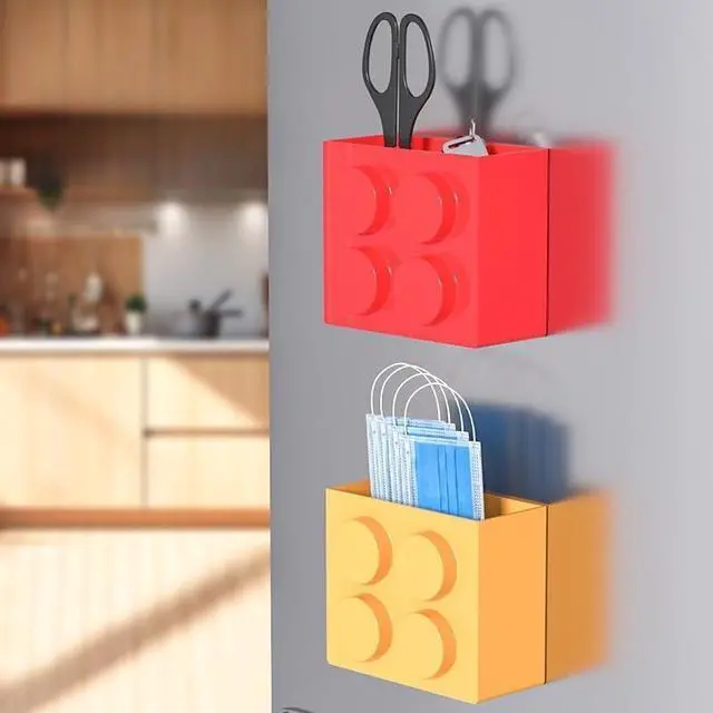 Alt view image 6 of 7 - Magnetic Basket Organizer for Fridge - Lego-Style ABS Plastic Storage Box, No Drill Design for Kitchen Counter, Microwave & Whiteboard, Holds Up to 3.5 lbs (Red)
