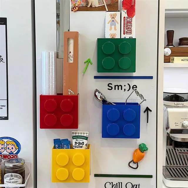 Alt view image 4 of 7 - Magnetic Basket Organizer for Fridge - Lego-Style ABS Plastic Storage Box, No Drill Design for Kitchen Counter, Microwave & Whiteboard, Holds Up to 3.5 lbs (Red)