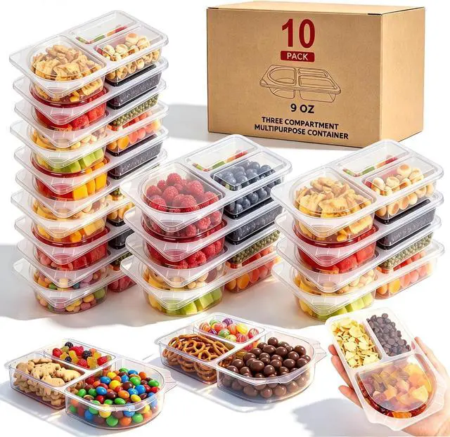 Main image of 3 Compartment Snack Containers with Lids & 9oz Meal Prep Containers, Reusable Snack Pack Containers, BPA-Free Leakproof Small Food Storage, Perfect for Work, Travel & On-the-Go (10 Sets)