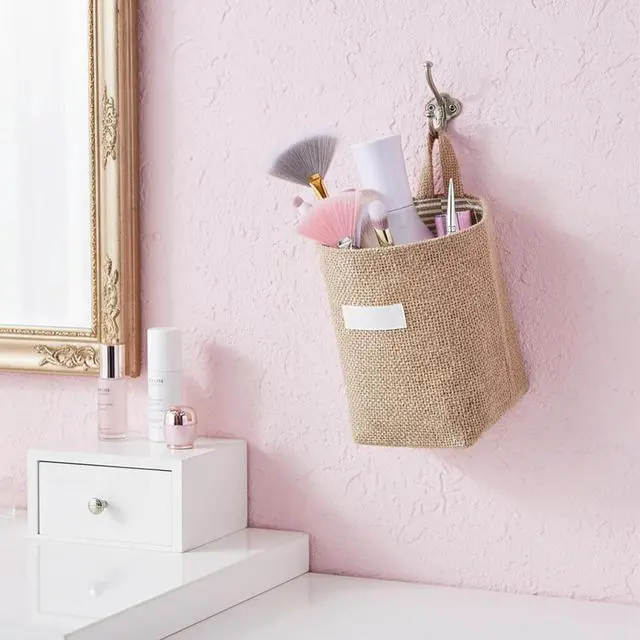 Alt view image 4 of 7 - Small Hanging Basket, Small Wall Basket Cotton and Linen Hanging Storage Foldable Baskets for Desktop, Ideal for Organizing Keys and Miscellaneous Items Family Organizer Box