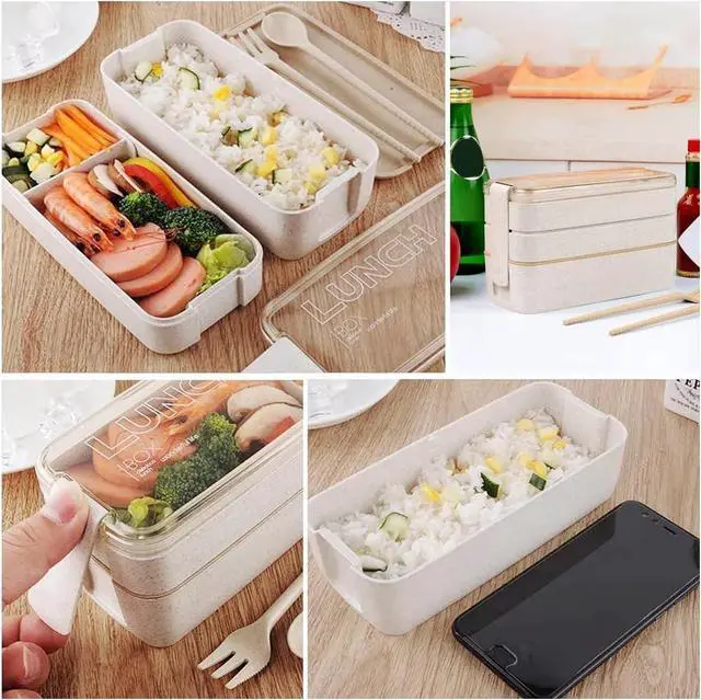 Alt view image 2 of 6 - Portable Bento Box, 3-layers Lunch Box, 900ML Wheat Straw Dinnerware Food Storage Container (Beige)