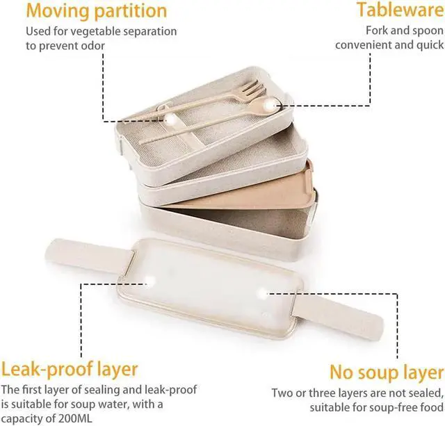 Alt view image 3 of 6 - Portable Bento Box, 3-layers Lunch Box, 900ML Wheat Straw Dinnerware Food Storage Container (Beige)