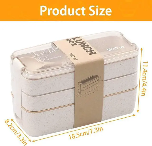 Alt view image 4 of 6 - Portable Bento Box, 3-layers Lunch Box, 900ML Wheat Straw Dinnerware Food Storage Container (Beige)