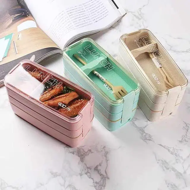 Alt view image 5 of 6 - Portable Bento Box, 3-layers Lunch Box, 900ML Wheat Straw Dinnerware Food Storage Container (Beige)