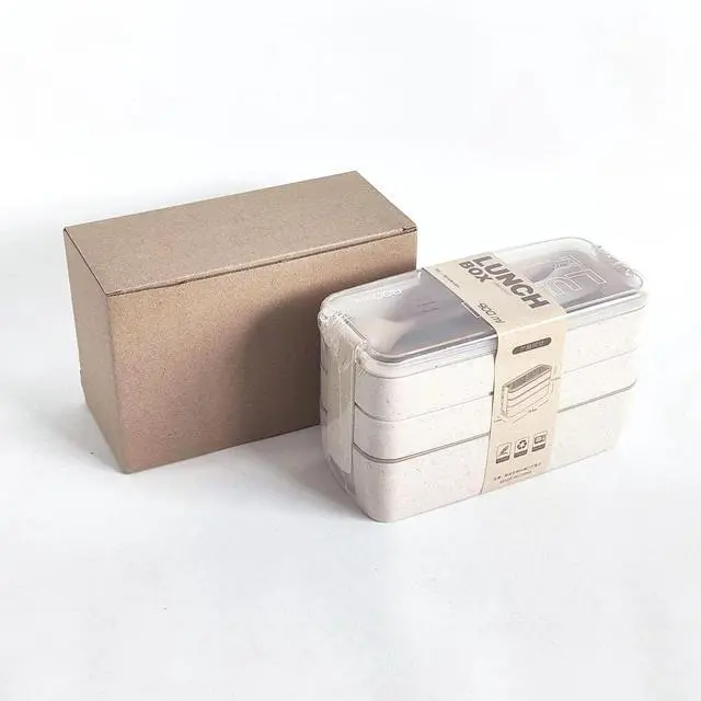 Alt view image 6 of 6 - Portable Bento Box, 3-layers Lunch Box, 900ML Wheat Straw Dinnerware Food Storage Container (Beige)