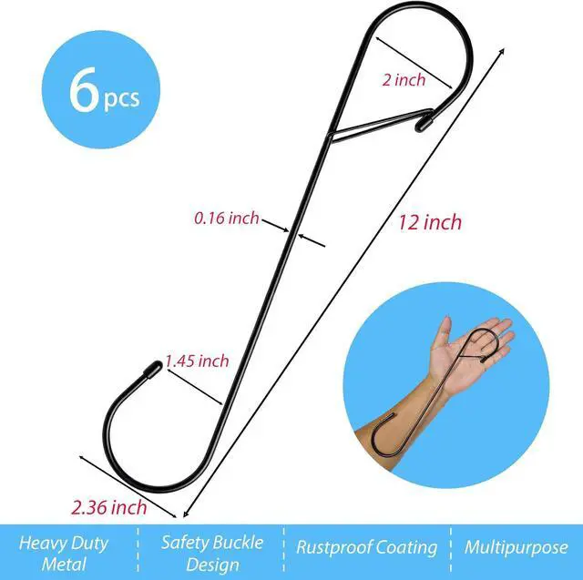 Alt view image 2 of 7 - 6Pcs S Hooks Hanging 12 inch Heavy Duty Large S Hooks with Safety Buckle, Long S Hook for Hanging Plant, Utility Hooks, Long Heavy Duty Hanging Hooks for Kitchen, Bathroom, Garden, Indoor, Outdoor