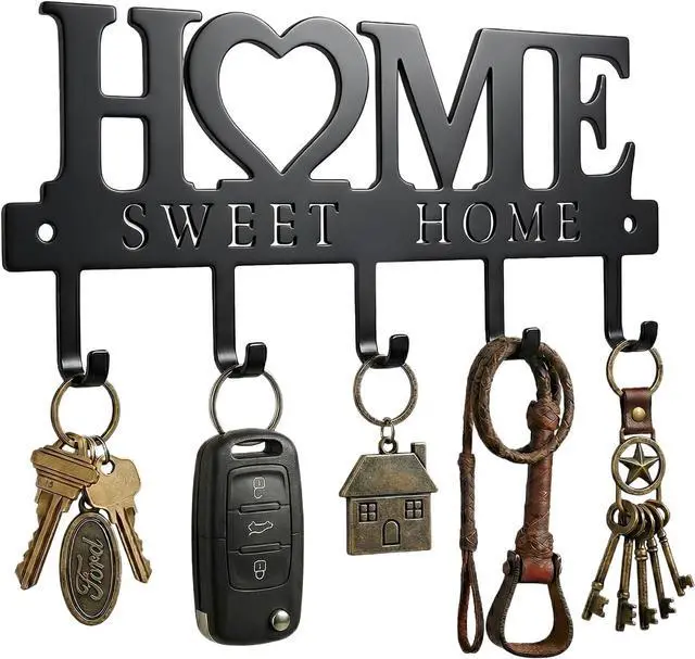 Main image of Entryway Wall Key Holder with 5 Hooks, Metal Key Rack Wall Mount for Keys, Bags and Leashes, Decorative Organizer for Entryway, Mudroom or Hallway, Sweet Home Design, 9.8 inches, Black