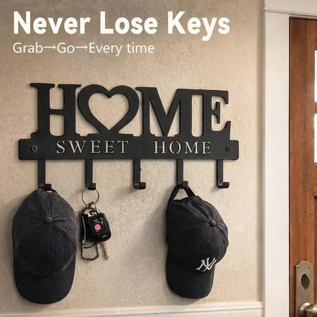 Alt view image 3 of 7 - Entryway Wall Key Holder with 5 Hooks, Metal Key Rack Wall Mount for Keys, Bags and Leashes, Decorative Organizer for Entryway, Mudroom or Hallway, Sweet Home Design, 9.8 inches, Black