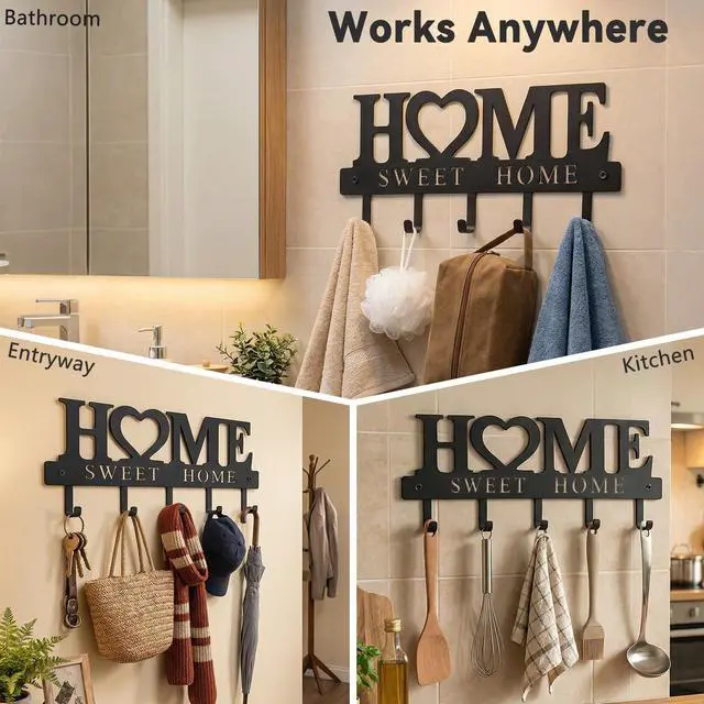 Alt view image 4 of 7 - Entryway Wall Key Holder with 5 Hooks, Metal Key Rack Wall Mount for Keys, Bags and Leashes, Decorative Organizer for Entryway, Mudroom or Hallway, Sweet Home Design, 9.8 inches, Black