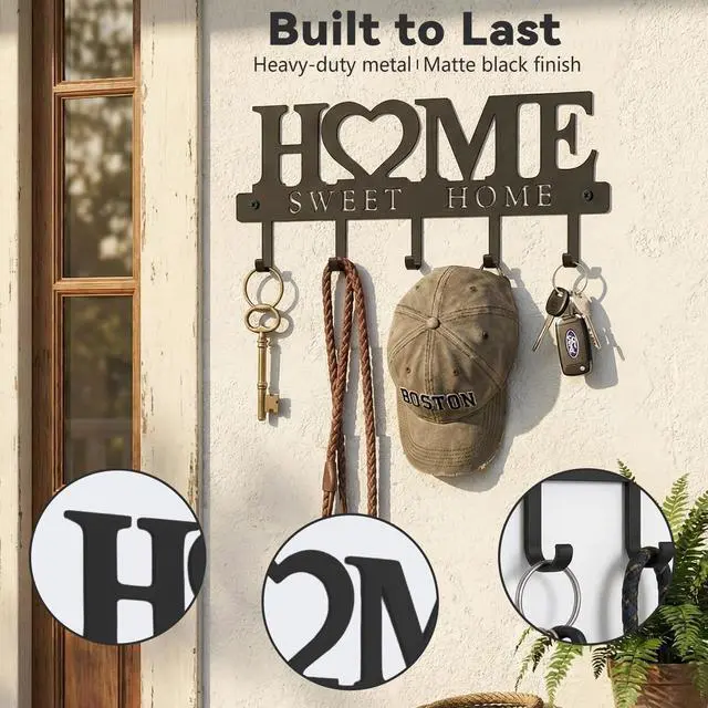 Alt view image 5 of 7 - Entryway Wall Key Holder with 5 Hooks, Metal Key Rack Wall Mount for Keys, Bags and Leashes, Decorative Organizer for Entryway, Mudroom or Hallway, Sweet Home Design, 9.8 inches, Black