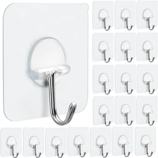 Main image of FOTYRIG Clear Adhesive Hooks No Drill Transparent Sticky Hooks, Heavy Duty 15lbs Waterproof Wall Hooks for Bathroom Kitchen Hanging Towels Keys-20 Packs