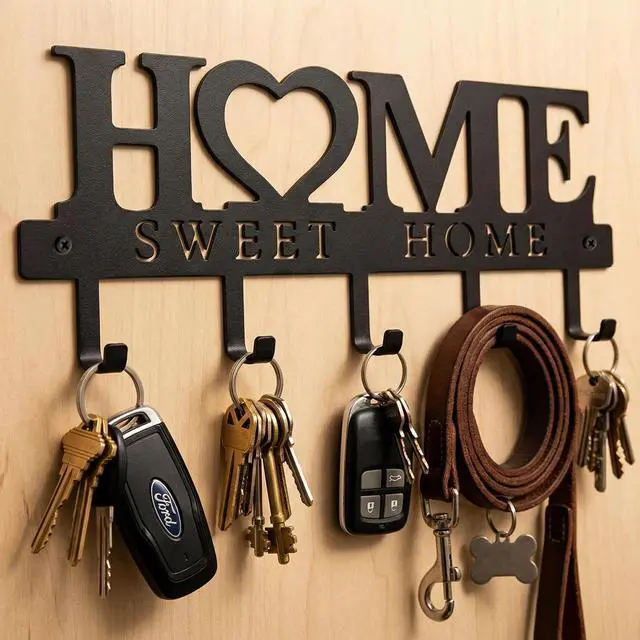 Alt view image 7 of 7 - Entryway Wall Key Holder with 5 Hooks, Metal Key Rack Wall Mount for Keys, Bags and Leashes, Decorative Organizer for Entryway, Mudroom or Hallway, Sweet Home Design, 9.8 inches, Black