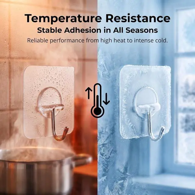 Alt view image 4 of 7 - FOTYRIG Clear Adhesive Hooks No Drill Transparent Sticky Hooks, Heavy Duty 15lbs Waterproof Wall Hooks for Bathroom Kitchen Hanging Towels Keys-20 Packs