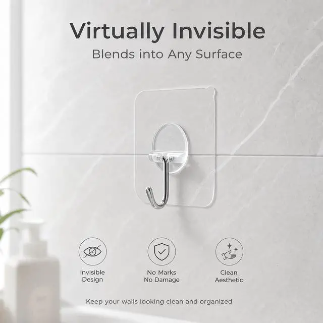 Alt view image 6 of 7 - FOTYRIG Clear Adhesive Hooks No Drill Transparent Sticky Hooks, Heavy Duty 15lbs Waterproof Wall Hooks for Bathroom Kitchen Hanging Towels Keys-20 Packs