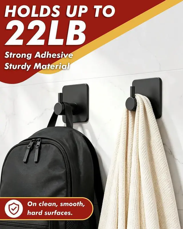 Alt view image 3 of 7 - Auxmir Heavy Duty Adhesive Hooks, 5 Pack Stainless Steel Hooks 22 lb, Black
