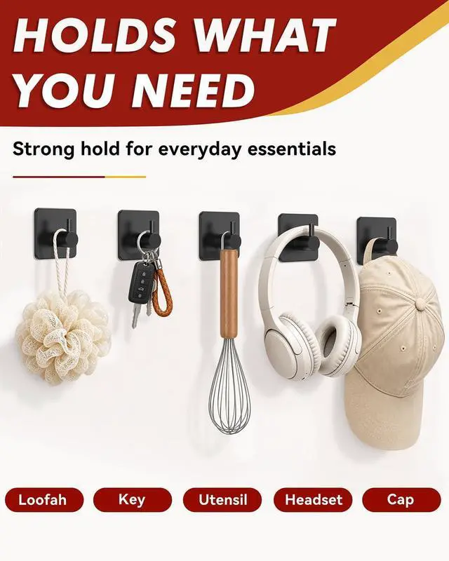 Alt view image 4 of 7 - Auxmir Heavy Duty Adhesive Hooks, 5 Pack Stainless Steel Hooks 22 lb, Black