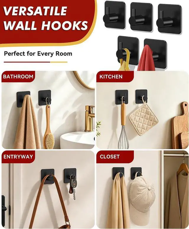 Alt view image 5 of 7 - Auxmir Heavy Duty Adhesive Hooks, 5 Pack Stainless Steel Hooks 22 lb, Black