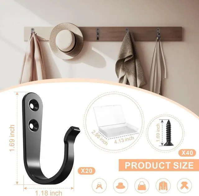 Alt view image 5 of 7 - BREYDROK 20-Pack Coat Hooks for Hanging, Heavy Duty Black Metal Wall Hooks