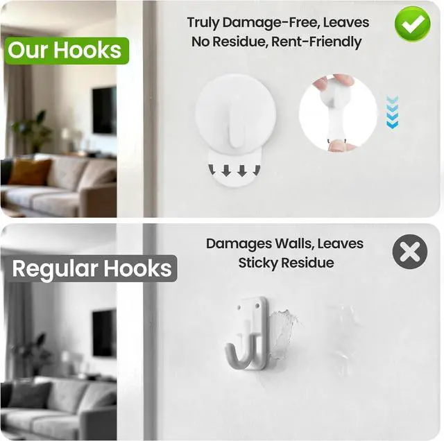 Alt view image 2 of 7 - Removable Adhesive Wall Hooks, Heavy Duty Damage-Free Hanging Holds up to 2.2 lbs, 12-Pack with Strips, No Drilling Hangers for Pictures, Christmas Garland, Stockings, Keys, Hats, Lights & Home Decor