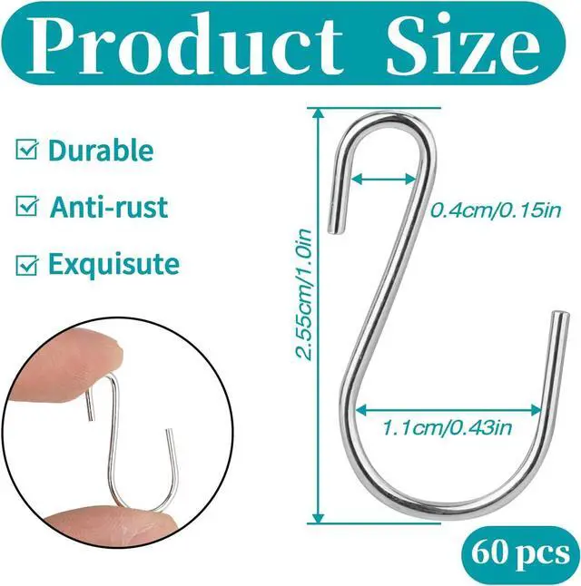 Alt view image 2 of 6 - Mozeat Lens 60 PCS S Hooks for Hanging 1 Inch Metal Hanging Hooks Mini S Hooks S Shaped Iron Wire Hook Hanger for Hanging Jewelry Small Kitchenware Potted Plants, Silver