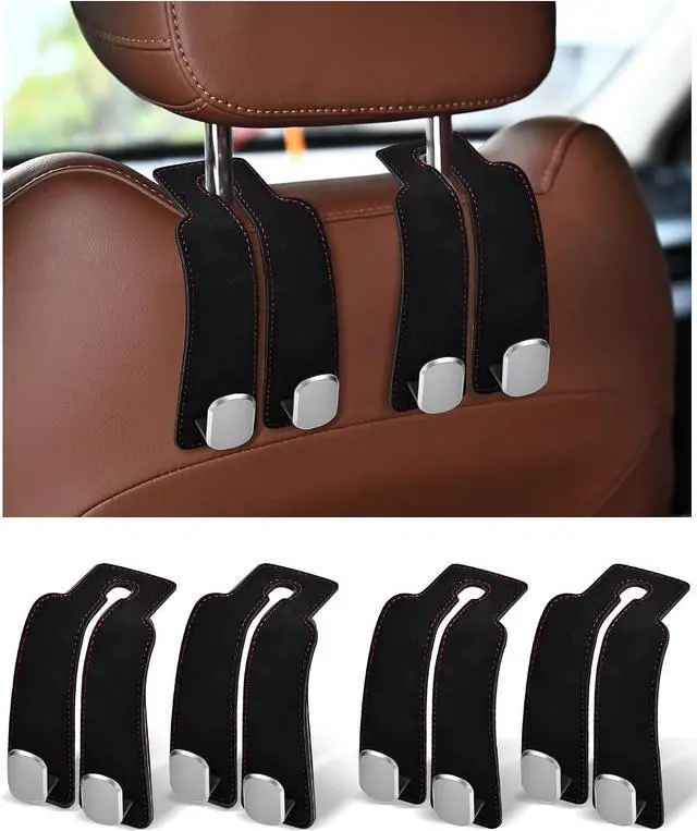 Main image of Headrest Hooks for Car, 4 Pack Car Seat Back Organizer Storage Hook, Double Hook Car Seat Hooks for Hanger Purses and Bags, Leather Purse Holder for Car, Black